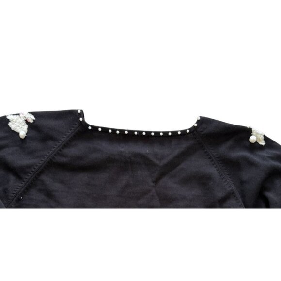 Quacker Factory Black Sweater Snow Bunnies Puffy CottonTails Faux Pearl   XL - Picture 6 of 7